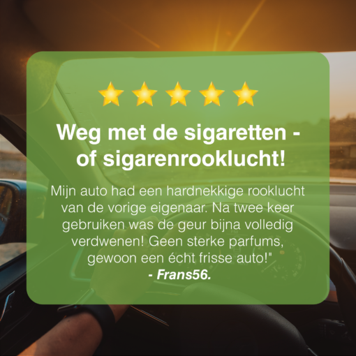 Afbeelding met een positieve klantreview over EcoSmoke, met hoge beoordelingen en lof voor de effectiviteit.