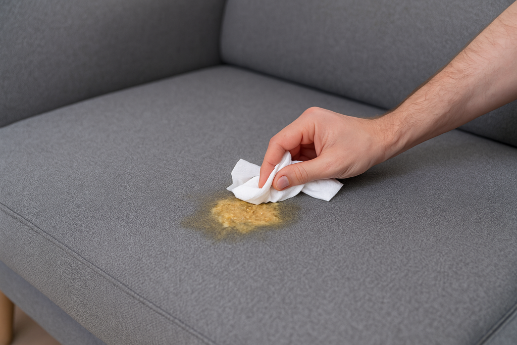 Hand som duttar upp spya på en grå tygsoffa med en trasa.