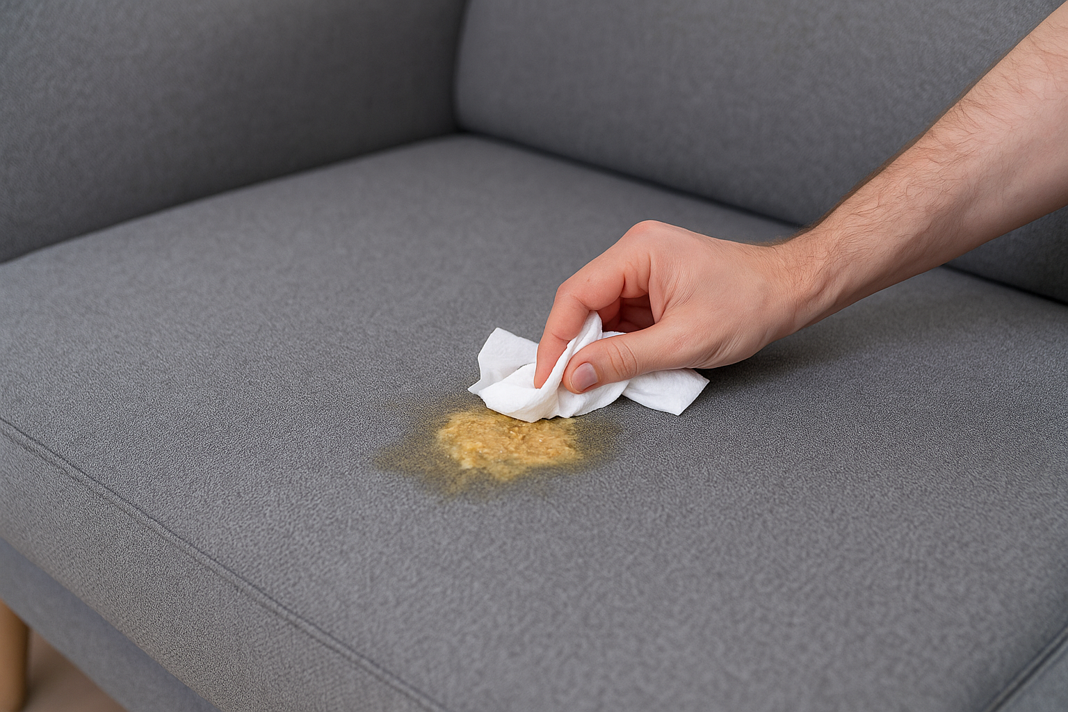 Hand som duttar upp spya på en grå tygsoffa med en trasa.